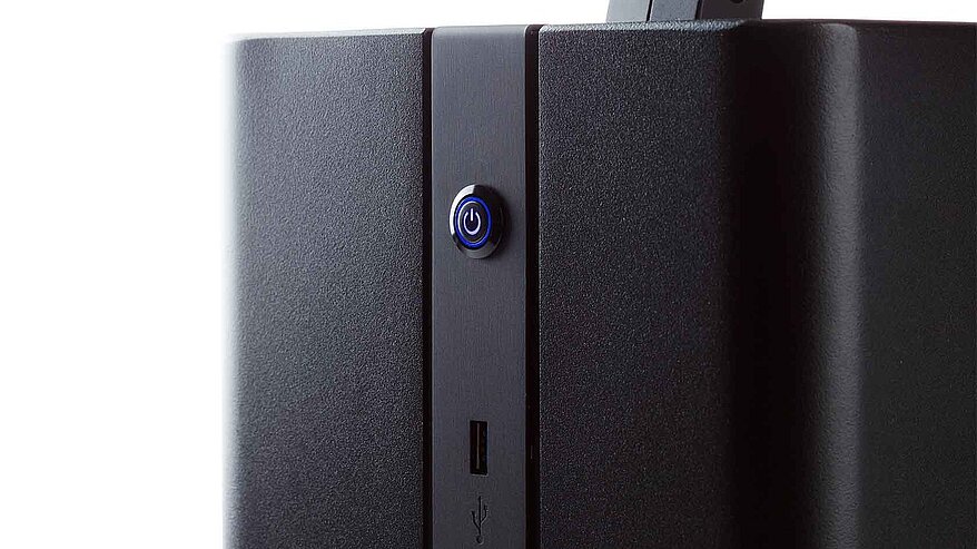 Close-up of on/off button and USB